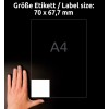 Størrelsessammenligning med hånd, artikkel: 3661, ett ark med universaletiketter, format: 70 x 67,7 mm, farge: hvit.