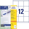 Pakkeillustrasjon med etikettark: Avery Zweckform Universal-etiketter, Artikkel: 3661, Format: 70 x 67,7 mm, Utskriftskompatibilitet: Inkjet, Laser s/hv, Fargelaser, Innhold: 1.200 etiketter / 100 ark, 12 etiketter/ark.