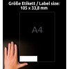 Størrelsessammenligning med hånd, artikkel: 3665, ett ark med universelle etiketter, format: 105 x 33,8 mm, farge: hvit.