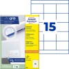 Pakningsbilde med etikettark: Avery Zweckform universaletiketter, artikkel: 3669, format: 70 x 50,8 mm, utskriftsegnet: Inkjet, laser s/hv, fargelaser, innhold: 1.500 etiketter / 100 ark, 15 etiketter/ark.