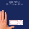 Størrelsessammenligning med hånd, artikkel: 4381, ett ark rulletiketter, format: ⌀ 38 mm, farge: Aprikos, Rosa, Oransje.
