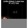 Størrelsessammenligning med hånd, artikkel: 4782-65, ett ark universaletiketter, format: 97 x 67,7 mm, farge: hvit.