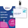 Pakningsbilde med kortark: Avery Zweckform navneskilt med klips, artikkel: 4822, format: 90 x 60 mm, utskriftskompatibilitet: Inkjet, fargelaser, svart-hvitt-laser, kopimaskin, innhold: 25 navneskilt / 32 innstikkskilt / 4 ark.