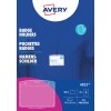 Bildet viser en kortholder fra Avery, med produktegenskaper som "Kortholdere", dimensjoner, og et eksempel på en navnelapp. Den er designet for alle skrivere.