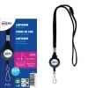 Bildet viser en emballasje for Avery lanyards med en snelle, inkludert en lanyard, sikkerhetsbruddklemme, og detaljer på engelsk og fransk.