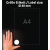 Størrelsessammenligning med hånd, artikkel: 5080, en ark med runde etiketter, avtakbare, format: ⌀ 40 mm, farge: hvit.