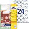 Pakningsbilde med etikettskjema: Avery Zweckform Runde Etiketter, avtagbare, Artikkel: 5080, Format: ⌀ 40 mm, Skriverkompatibilitet: Inkjet, Laserskriver s/hv, Fargelaser, Innhold: 240 etiketter / 10 ark, 24 etiketter/ark.