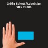 Størrelsessammenligning med hånd, artikkel: 51046, ett ark fargede etiketter, format: 98 x 51 mm, farge: blå, gul, neongrønn, neonoransje, neonrød.