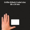 Størrelsesammenligning med hånd, Artikkel: 51063, et ark navneetiketter, Format: 80 x 54 mm, Farge: Hvit?