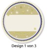 Bildet har et sirkulært design med en grønn og blå fargeskjema. Det inneholder dekorative elementer som snøfnugg og utsmykkede linjer, med et tomt område i midten for tilpasning. Teksten nederst sier 'Design 1 av 3'.