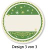 Bildet viser et rundt etikett-design med en grønn og kremfarget fargeskala. Det har dekorative elementer som stjerner og virvler, og har et tomt område i midten for skriving. Etiketten er merket 'Design 3 von 3'.