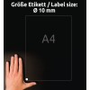 Størrelsessammenligning med hånd, artikkel: 6221-10, ett ark med runde etiketter, format: ⌀ 10 mm, farge: hvit?