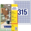 Pakningsbilde med etikettark: Avery Zweckform Runde Etiketten, avtakbare, artikkel: 6221REV-10, format: ⌀ 10 mm, skriverforutsetninger: Inkjet, Laser s/h, Fargelaser, innhold: 3.150 etiketter / 10 ark, 315 etiketter/ark.