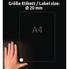 Størrelsessammenligning med hånd, Artikkel: 6222-10, et ark runde etiketter, Format: ⌀ 20 mm, Farge: Hvit.