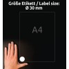 Størrelsessammenligning med hånd, artikkel: 6223-10, ett ark med runde etiketter, format: ⌀ 30 mm, farge: hvit.