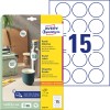 Pakningsbilde med etikettark: Avery Zweckform Runde Etiketten, Artikkel: 6225-10, Format: ⌀ 51 mm, Skriveregnet: Inkjet, Laser s/h, Fargelaser, Innhold: 150 etiketter / 10 ark, 15 etiketter/ark.