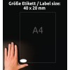 Størrelsessammenligning med hånd, artikkel: 6241-10, ett ark ovale etiketter, format: 40 x 20 mm, farge: hvit.