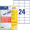 Pakningsbilde med etikettark: Avery Zweckform Universal-etiketter, Artikkel: 6602, Format: 70 x 36 mm, Skriverkompatibilitet: Inkjet, Laser s/hv, Fargelaser, Innhold: 1.560 etiketter / 65 ark, 24 etiketter/ark.