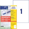 Pakningsbilde med etikettark: Avery Zweckform universal-etiketter, artikkel: 6603, format: 210 x 297 mm, skriveegnethet: Inkjet, laser s/h, fargelaser, innhold: 65 etiketter / 65 ark, 1 etikett/ark?