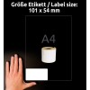 Størrelsessammenligning med hånd, Artikkel: AS0722430, et ark rulle-etiketter, Format: 54 x 101 mm, Farge: Hvit?