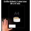 Størrelsessammenligning med hånd, artikkel: AS0722560, et ark med rulletiketter, format: 41 x 89 mm, farge: hvit.