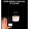 Størrelsesammenligning med hånd, Artikkel: ASS0722540, ett ark rulletiketter, Format: 32 x 57 mm, Farge: Hvit?