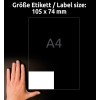 Størrelsessammenligning med hånd, Artikkel: B3427-50, ett ark ultra-resistente folie-etiketter, Format: 105 x 74 mm, Farge: Hvit.