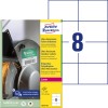 Pakkeillustrasjon med etikettark: Avery Zweckform Ultra-resistente folieetiketter, artikkel: B3427-50, format: 105 x 74 mm, utskriftsegnet: Svart-hvitt laser, fargelaser, innhold: 400 etiketter / 50 ark, 8 etiketter/ark.