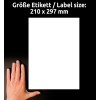 Størrelsessammenligning med hånd, Artikkel: B4775-50, et ark ultra-resistente folie-etiketter, format: 210 x 297 mm, farge: hvit.