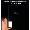 Størrelsessammenligning med hånd, Artikkel: B5274-50, et ark ultra-resistente folieetiketter, format: 52 x 74 mm, farge: hvit.