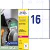 Pakningsbilde med etikettsark: Avery Zweckform Ultra-Resistente Folieetiketter, Artikkel: B5274-50, Format: 52 x 74 mm, Utskriftsegnethet: Laserskriver s/hv, fargelaser, Innhold: 800 etiketter / 50 ark, 16 etiketter/ark.