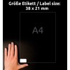 Størrelsessammenligning med hånd, Artikkel: B7651-50, et ark ultra-motstandsdyktige folieetiketter, Format: 38 x 21 mm, Farge: Hvit?