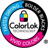 Bildet viser ColorLok Technology-logoen, som fremhever funksjoner som raskere tørking, dypere svartfarger og levende farger. Logoen er sirkulær med distinkte seksjoner for hver funksjon og inkluderer et hengelås-symbol.