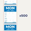 Bildet viser avtakbare etiketter med ordet 'MON' i store bokstaver, sammen med seksjoner for dato, vare, antall, navn, og en notis som indikerer 'x500'.