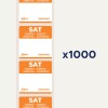 Bildet viser avtakbare etiketter med ordet 'LØR' i oransje, med oversettelser på forskjellige språk. Det angir en mengde på 1000.