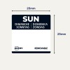 En rektangulær etikett med 'SUN' øverst, ukedagene på flere språk oppført: Dimanche, Sonntag, Domenica, Zondag, og merket som avtagbar. Størrelsesdimensjoner er 25 mm.