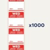 Bildet viser avtakbare etiketter som angir 'onsdag' på flere språk. Det ser ut til å være mange etiketter per ark, totalt 1000 etiketter.