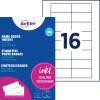 Et bilde av emballasjen til Avery navneskiltinnlegg. Den viser detaljer om utskrivbare navneskilt og viser en layout for 16 innlegg per ark.