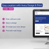Et bilde som viser trinnene for bruk av Avery Design & Print-programvaren, inkludert å angi en kode, velge eller opprette et design, og skrive ut med brevfletting.