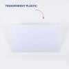 Bildet viser et stykke gjennomsiktig plast med en etikett som sier 'TRANSPARENT PLAST' over det, noe som indikerer materialet.