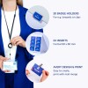 Bildet viser en kvinne i en blå blazer som holder en kortholder med et synlig navn og tittel. Omkringliggende bilder viser kortholdere, innlegg og informasjon om design- og utskriftsalternativer.