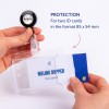 The image shows a hand holding an ID card holder with two ID cards inside. There is a retractable badge holder from Avery, labeled 'PROTECTION for two ID cards in the format 85 x 54 mm.'