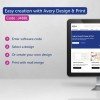 Bildet viser en dataskjerm som viser Avery Design & Print-programvaren. Den fremhever de enkle trinnene for å lage egendefinerte etiketter og kort, inkludert å angi en programvarekode, velge et design, lage ditt eget design og skrive ut med fletting av post.