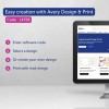 Bildet viser en dataskjerm som viser nettstedet Avery Design & Print. Det fremhever en kode for enkel etikettopprettelse og viser trinnene for bruk av programvaren. Trinnene inkluderer å angi en kode, velge et design, lage et design og skrive ut med brevfletting.