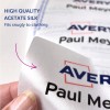 Bildet viser etiketter av høy kvalitet laget av acetatsilke, designet for å sitte godt på klær, med merkevarenavnet Avery og navnet Paul Meyer.
