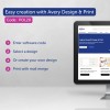 Bildet viser Avery Design & Print-programvaren med instruksjoner for enkel etikettskapning. Det inneholder trinn som å angi en programvarekode, velge et design, lage et tilpasset design og skrive ut med fletting av post.