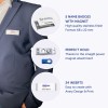 Bildet viser en person som har på seg en blazer med et navneskilt. Det inkluderer detaljer om navneskilt med magnetisk feste, og viser ulike funksjoner som antall skilt, innsettingsalternativer og magnetstyrke.