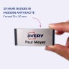 Bildet viser et navneskilt fra Avery, som viser navnet 'Paul Meyer' og informasjon om skiltets format, som er 70 x 30 mm. Det indikerer at det er 10 navneskilt i moderne antrasittfarge.
