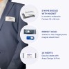 Bildet viser en person som har på seg en dress med en navnelapp på brystet. Det inneholder informasjon om navnelapper, inkludert detaljer som antall lapper, beskrivelse av holder og innsatser for tilpasning.