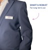 Bildet viser en person iført en elegant marineblå blazer med et navneskilt som sier 'Paul Meyer' og en logo for 'Avery.' Det er en melding som indikerer at produktet er 'SMART & ROBUST for langvarig bruk.'